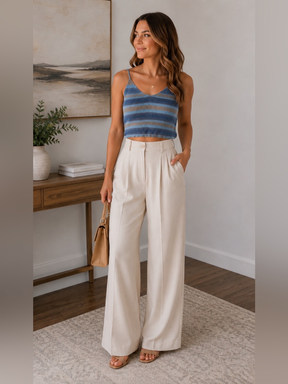SHEIN Blue and Tan Striped Ribbed Knit Cami Top
